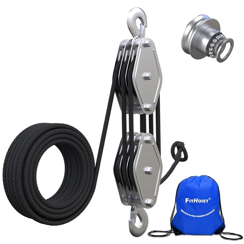 FITHOIST Block and Tackle 2200 LBS Breaking Strength Heavy Duty Pulley, 50 Ft Rope Pulley, 5:1 Lifting Power Pulley System, Pulley Hoist for Animal Husbandry, Warehouses, Constructions(Black) - Image 1